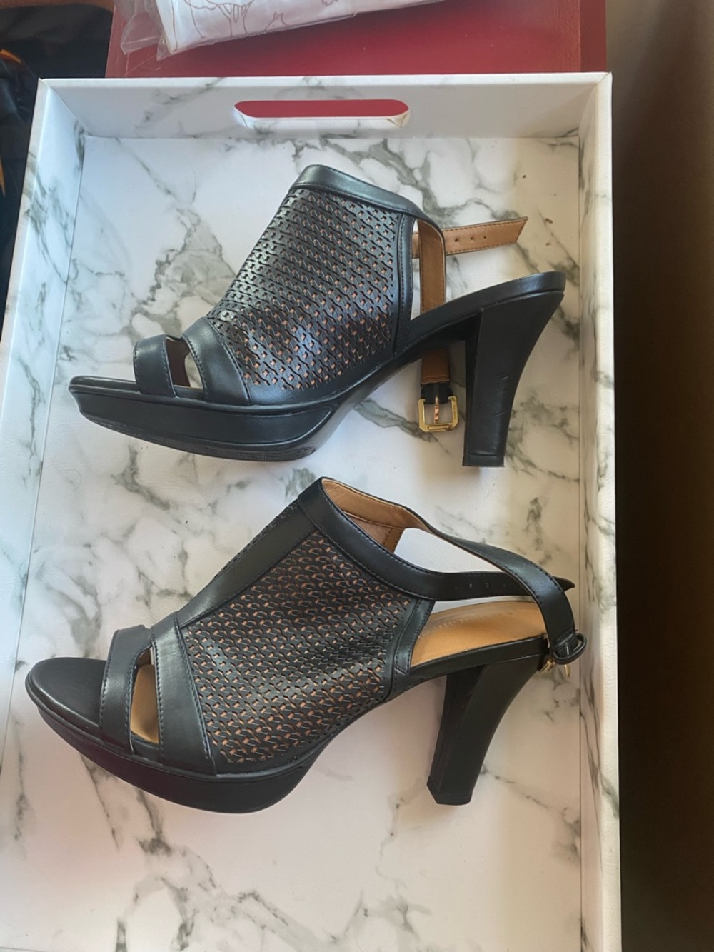 Naturalizer Black Woven Peep-Toe Slingback Heels